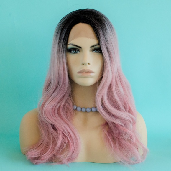 20" Pink Ombre Lace Front Wig w/ Black Roots - Picture 2 of 7